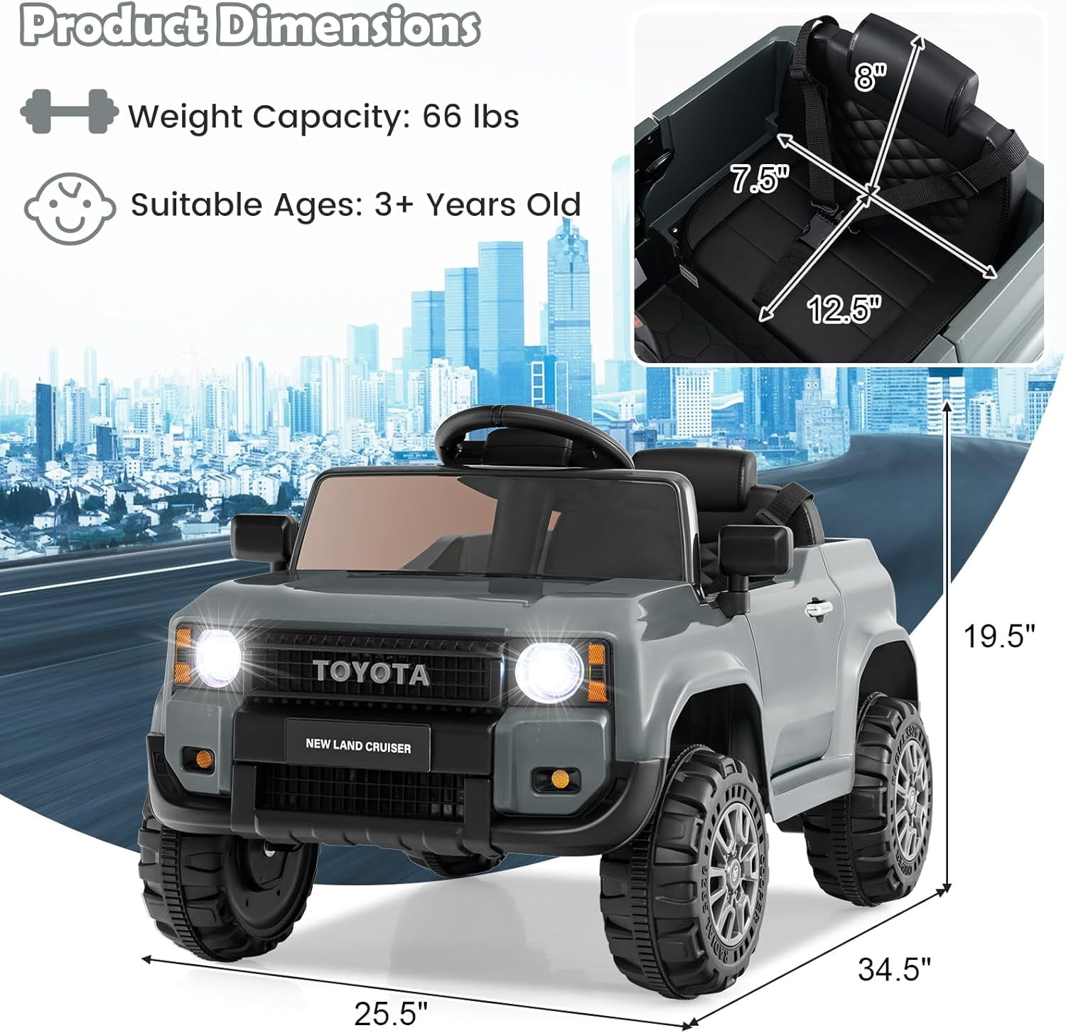 Licensed Toyota Ride on Car by OLAKIDS, Battery Powered Electric Vehicle for Kids with Remote Control, MP3, USB, Power Display, LED Lights, Suspension, Ride on Toy for 3+ Boys Girls