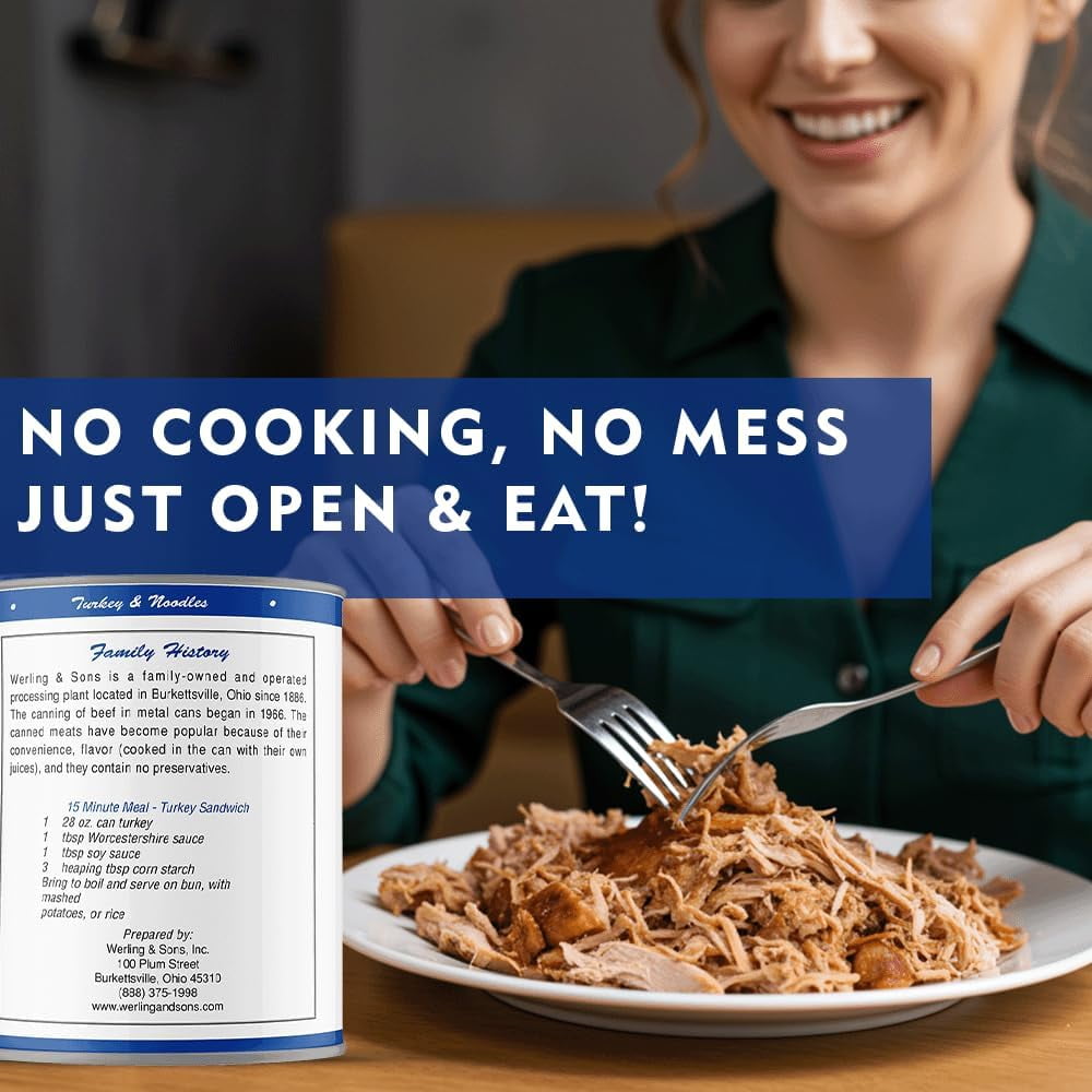 Werling & Sons Canned Turkey 28 oz – Fully Cooked, Heat & Eat | Recipe-Ready Canned Meat for Quick Meals, Camping, Emergency Food Supply & Survival | Shelf-Stable | Pack of 6