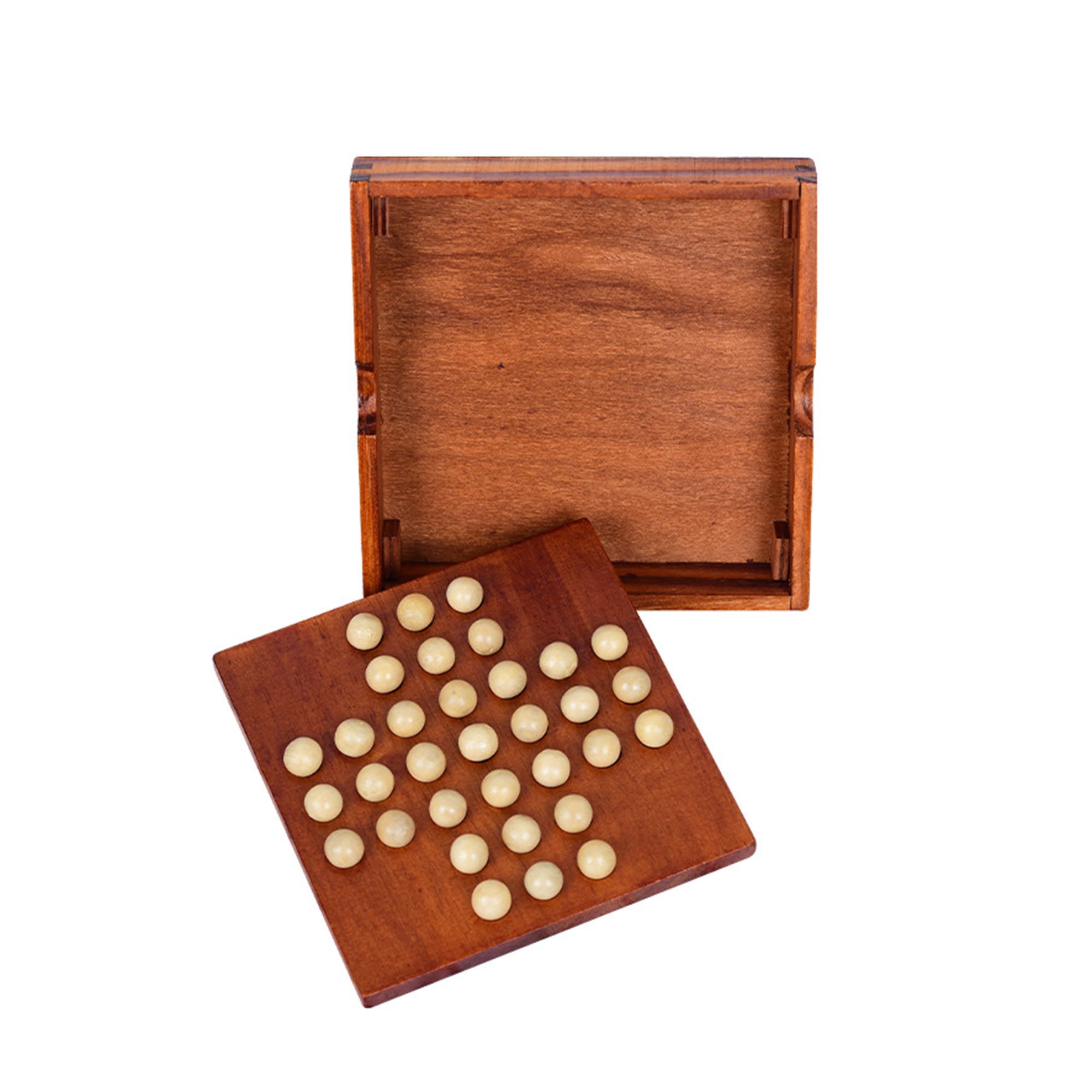 Wooden Marble Solitaire Board Game,Jumping Marbles Peg Solitaire,with  Storage Box Function and Marbles，Solitaire Chess for Adults and  Children，Family
