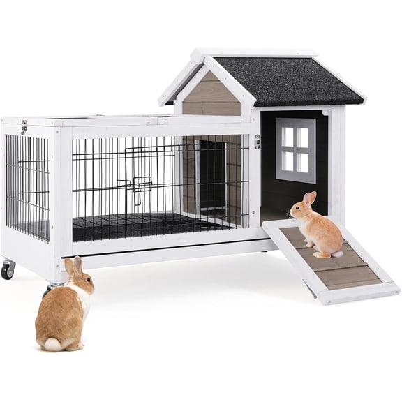 Rabbit Hutch Wooden Bunny Cage Rabbit Cage Outdoor Indoor Bunny Hutch Rabbit House on Wheels Small Animal Cage with 3 Urine Baffles