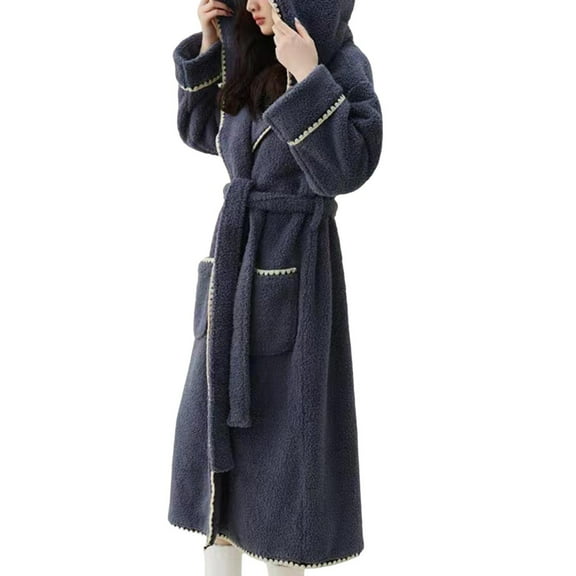 Lorytime Fleece Nightgown for Women with Hoodie Belt Bathrobes V Neck Long Sleeve Pajamas with Pockets Sleepwear Gray L