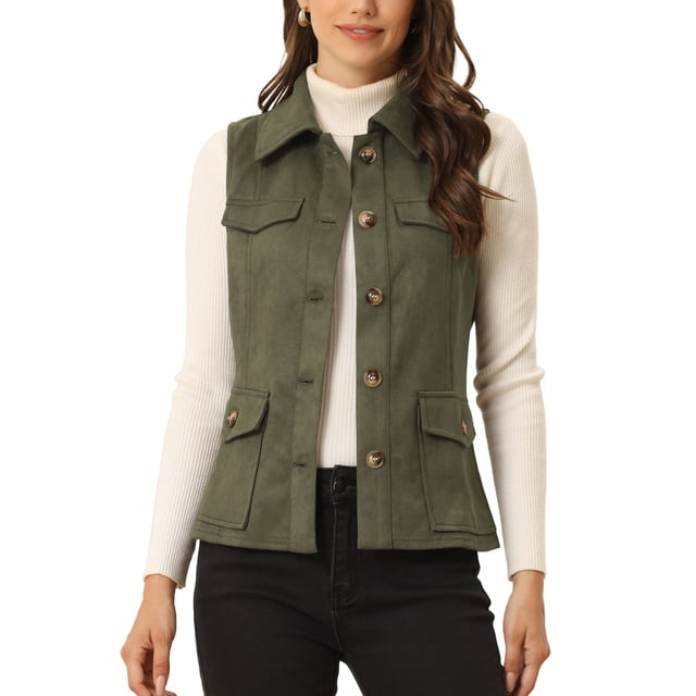 INSPIRE CHIC Veste Cargo Utilitaire pour Femme Sans Manches à Boutons devant en Faux Suède avec Poches G Vert Armée