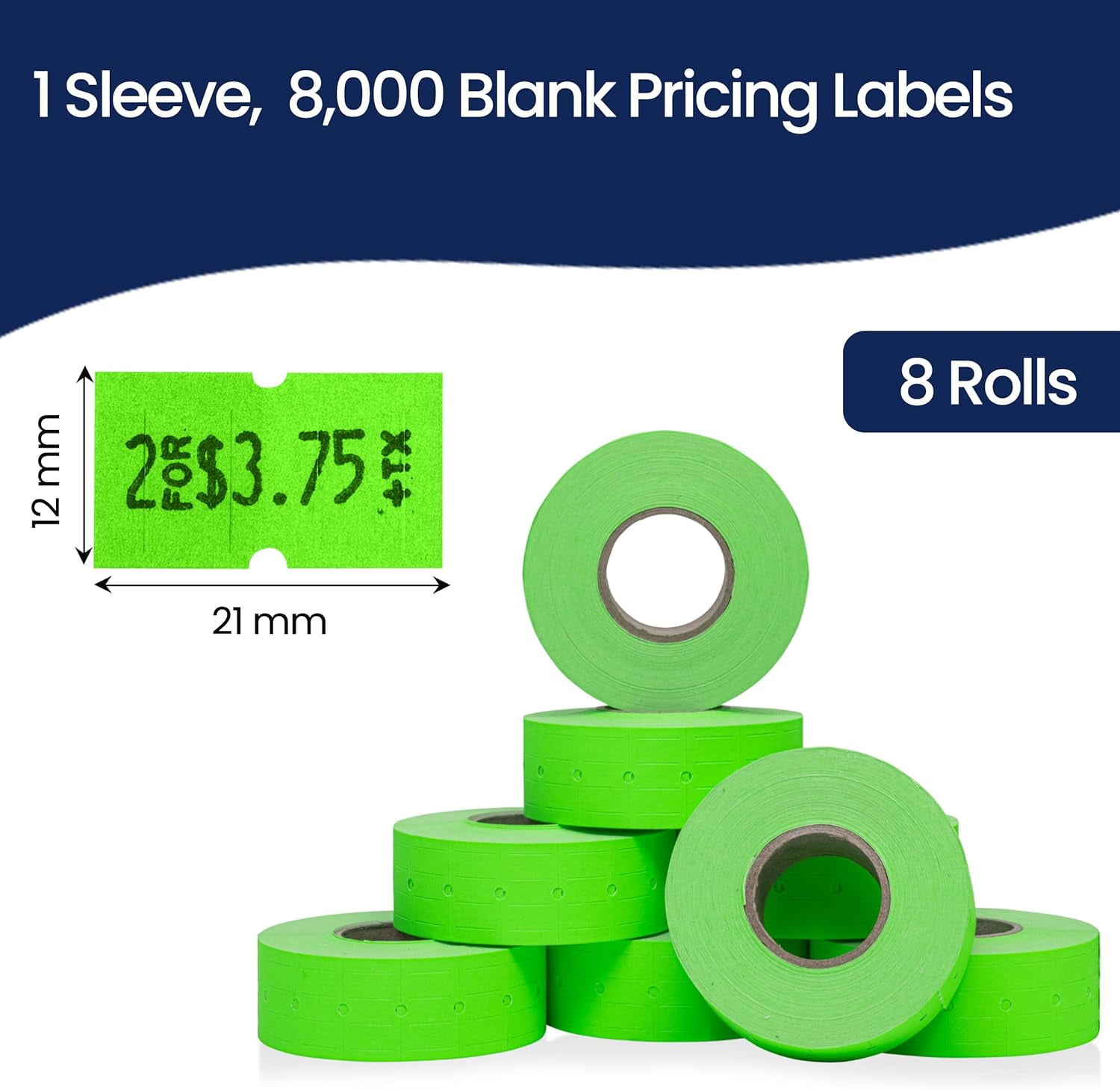 Perco 1 Line Fluorescent Green Labels - 8 Rolls, 1 Sleeve, 8,000 Blank Price and Date Gun Labels for Perco Lite, X, Plus and Pro 1 Line Price and Date Guns - Made in USA