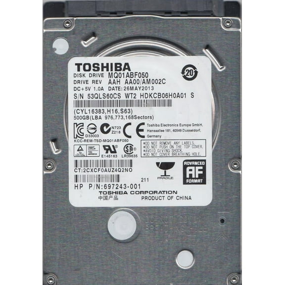 MQ01ABF050, AA00/AM002C, HDKCB06H0A01 S, Toshiba 500GB SATA 2.5 Hard Drive