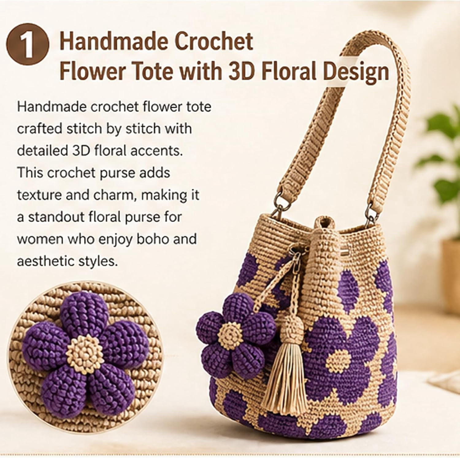 Handmade Crochet Flower Tote Bag for Women, Boho Floral Knit Shoulder Bag, Lightweight Crochet Purse with Tassel Charm