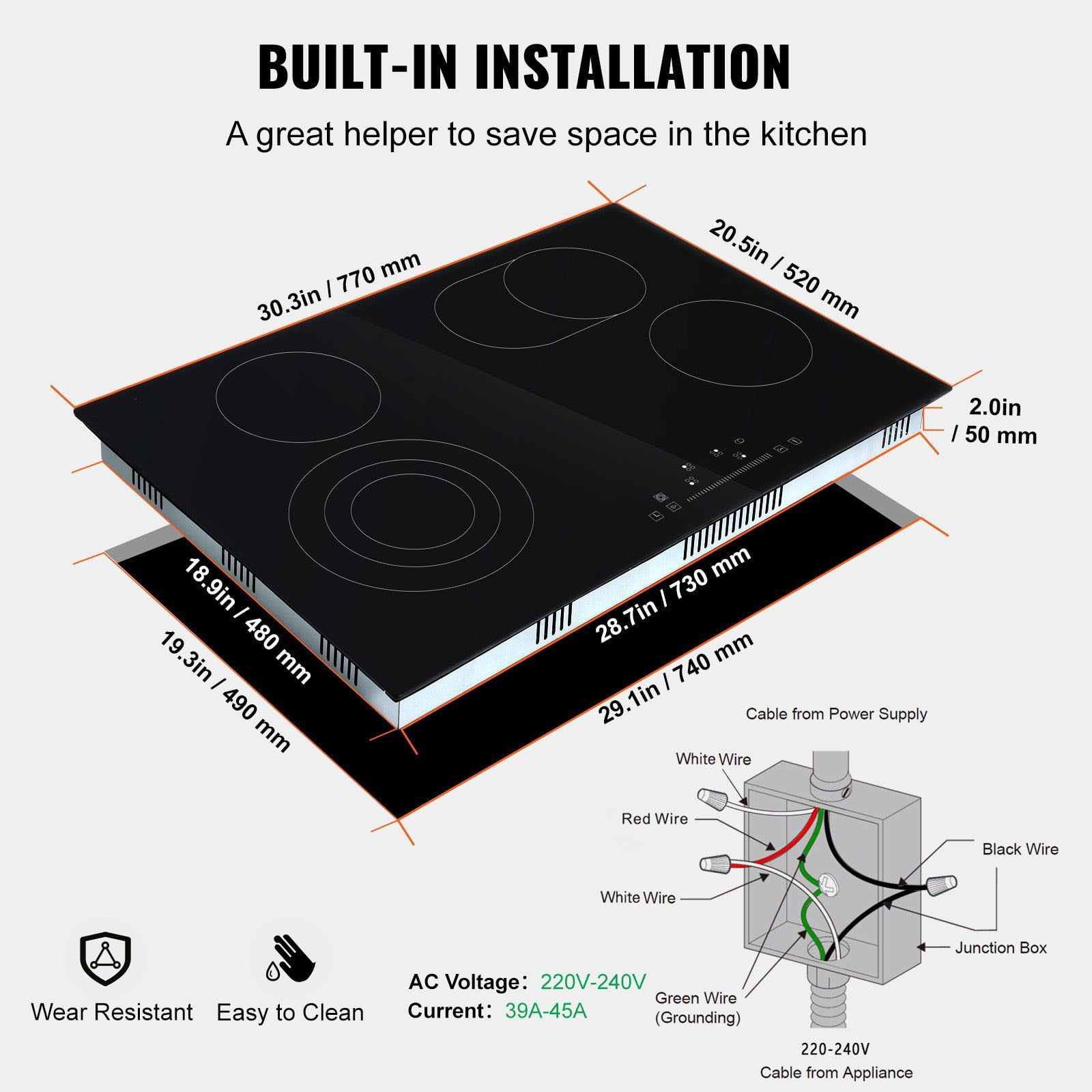 Electric Stove Top 30.3 x 20.5 inch, 4 Burner Radiant Cooktop, 240V Glass Cooktop with Touch Control, Timer & Child Lock, 9 Power Levels for Boil, Fry, Simmer
