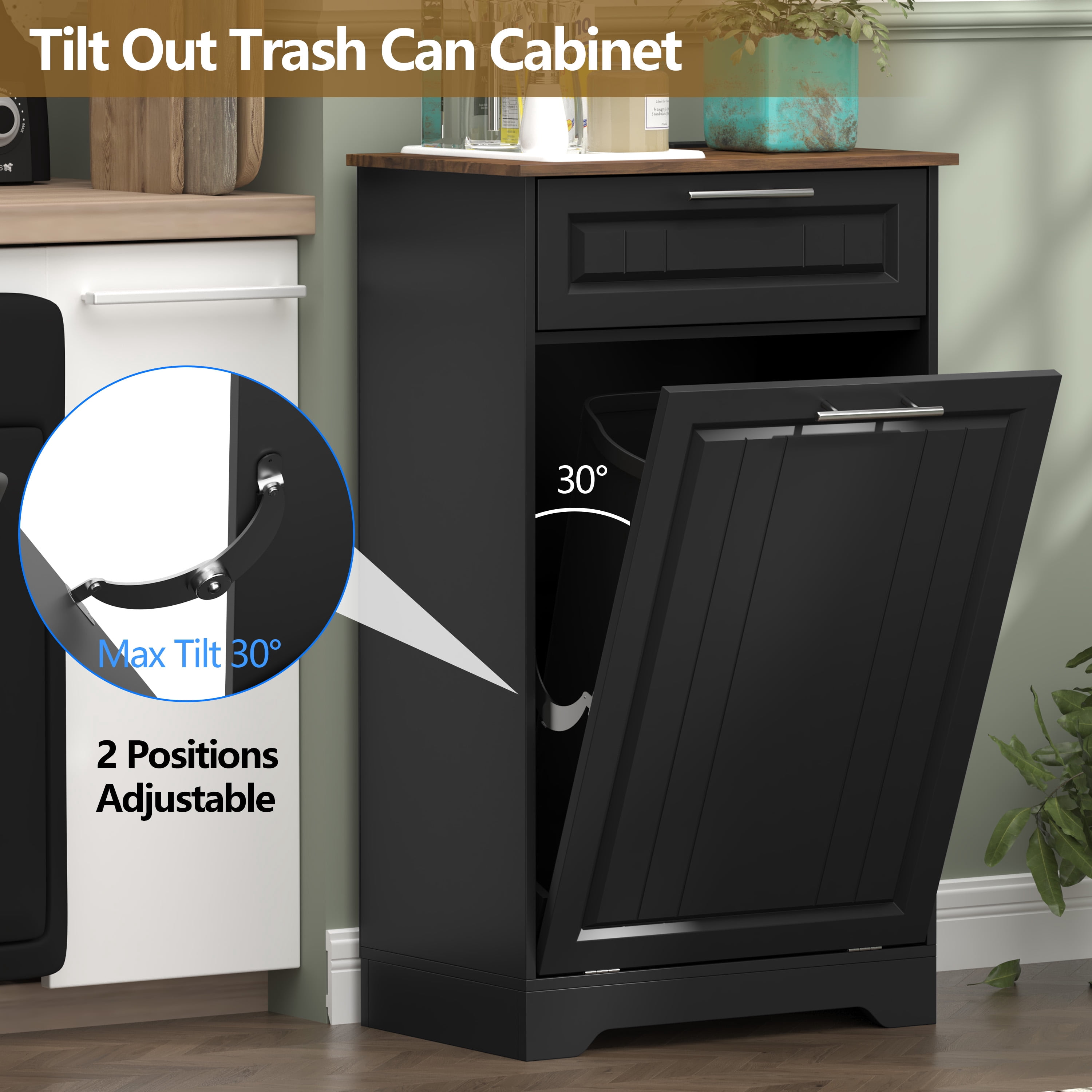 Single 10 Gallon Tilt Out Trash Can Cabinet with Deodorizing Function, Wooden Hidden Garbage Can Holder with Storage Drawers for Kitchen and Dining Room, Laundry Hamper Cabinet for Bathroom, Black