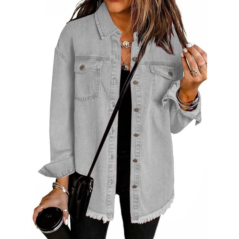 Breezora Distressed Denim Shirt Jacket for Women Casual Oversized