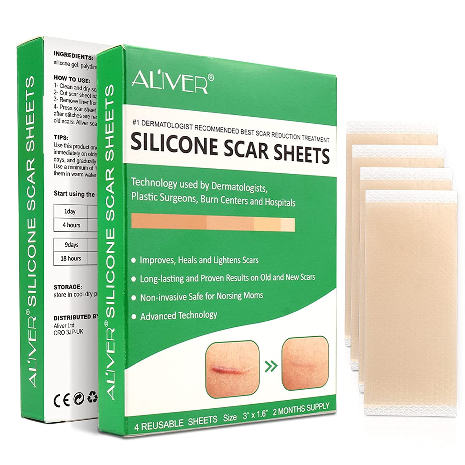 Aliver 4 Reusable Scar Silicone Scar Sheet, Silicone Tape for Scar Tape