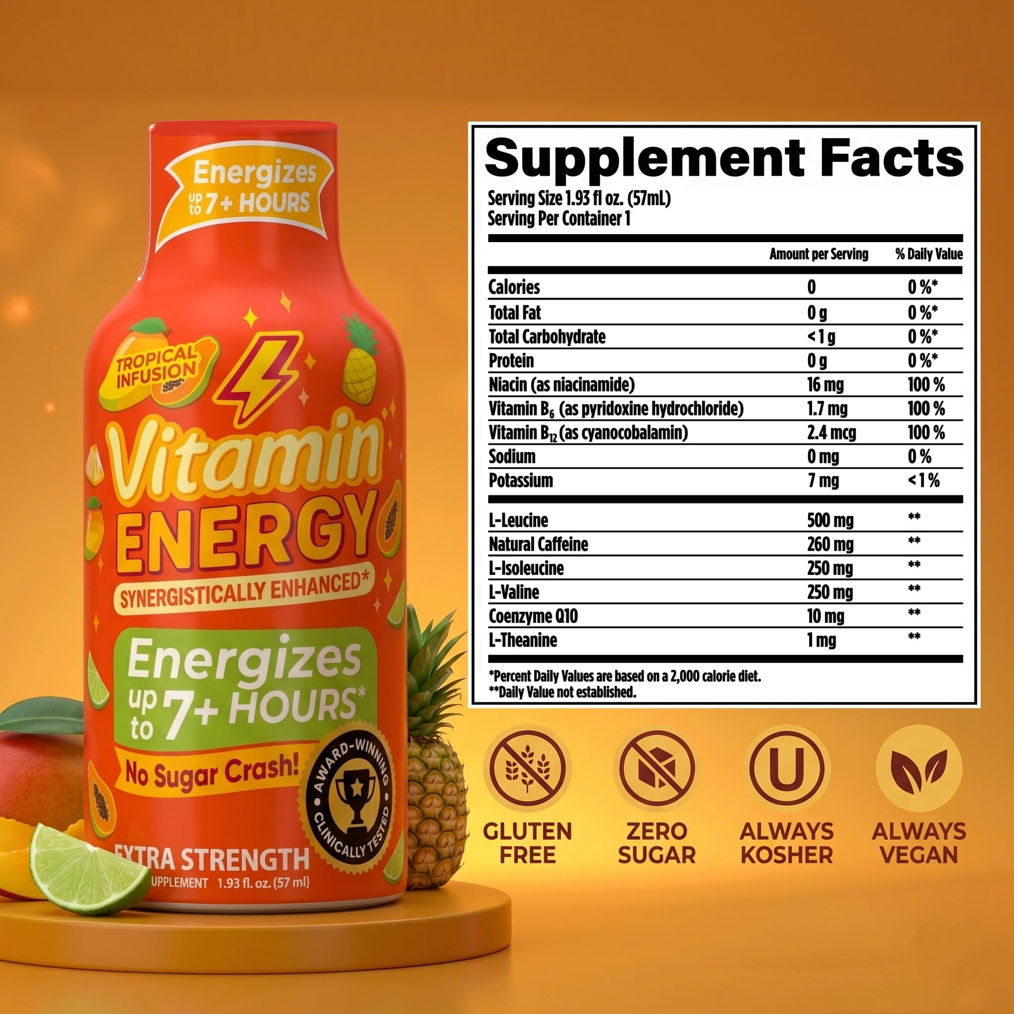 Vitamin Energy Focus+ Extra Strength Shot, Tropical Infusion, 48 Pack – 260mg Natural Caffeine, CoQ10 & B-Vitamins, Zero Sugar, 1.93 fl oz