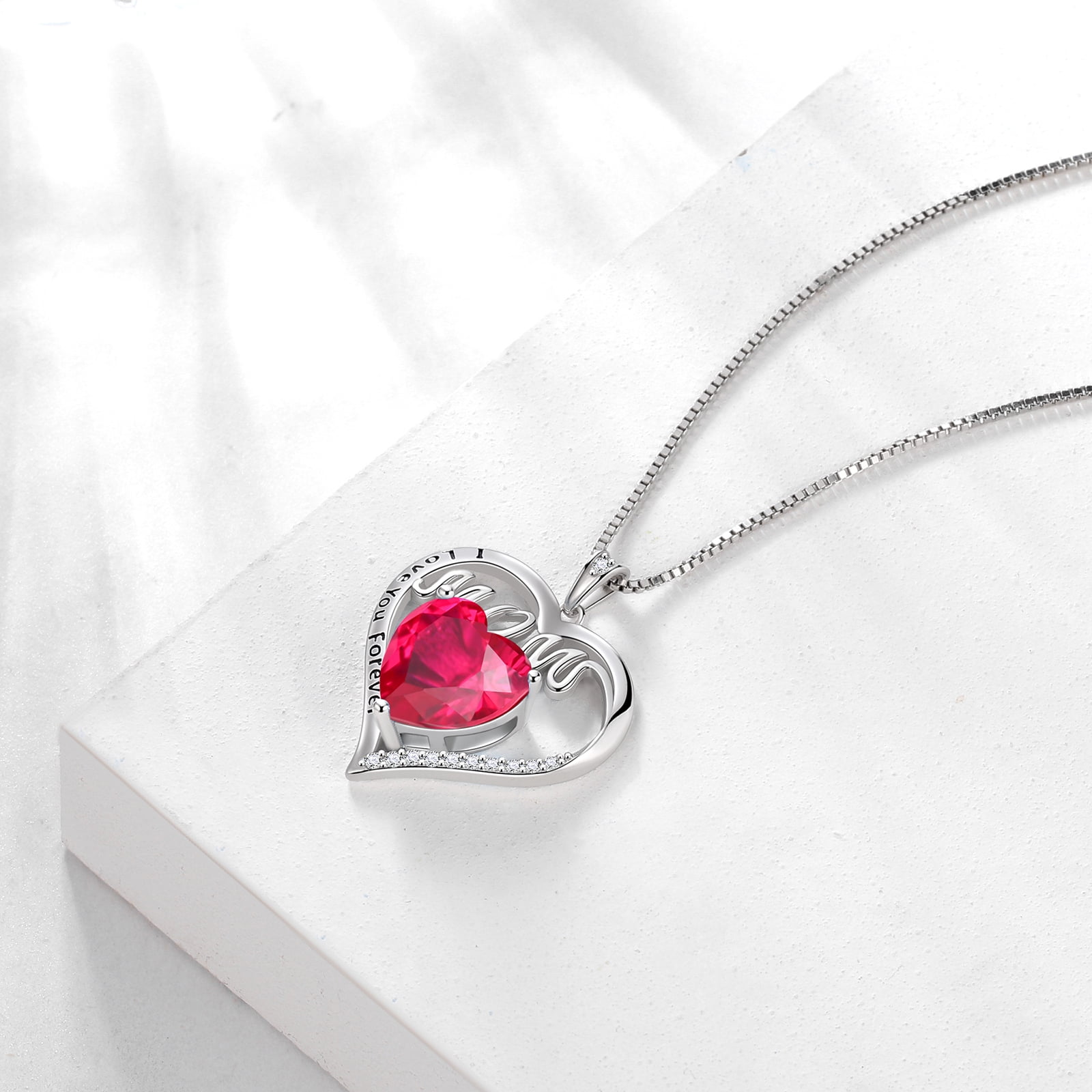Juwaliy Mom Necklace Heart July Birthstone Necklace Ruby Red 925 Sterling Silver Pendant Jewelry Women Grandma Christmas Birthday Mother's Day Gifts