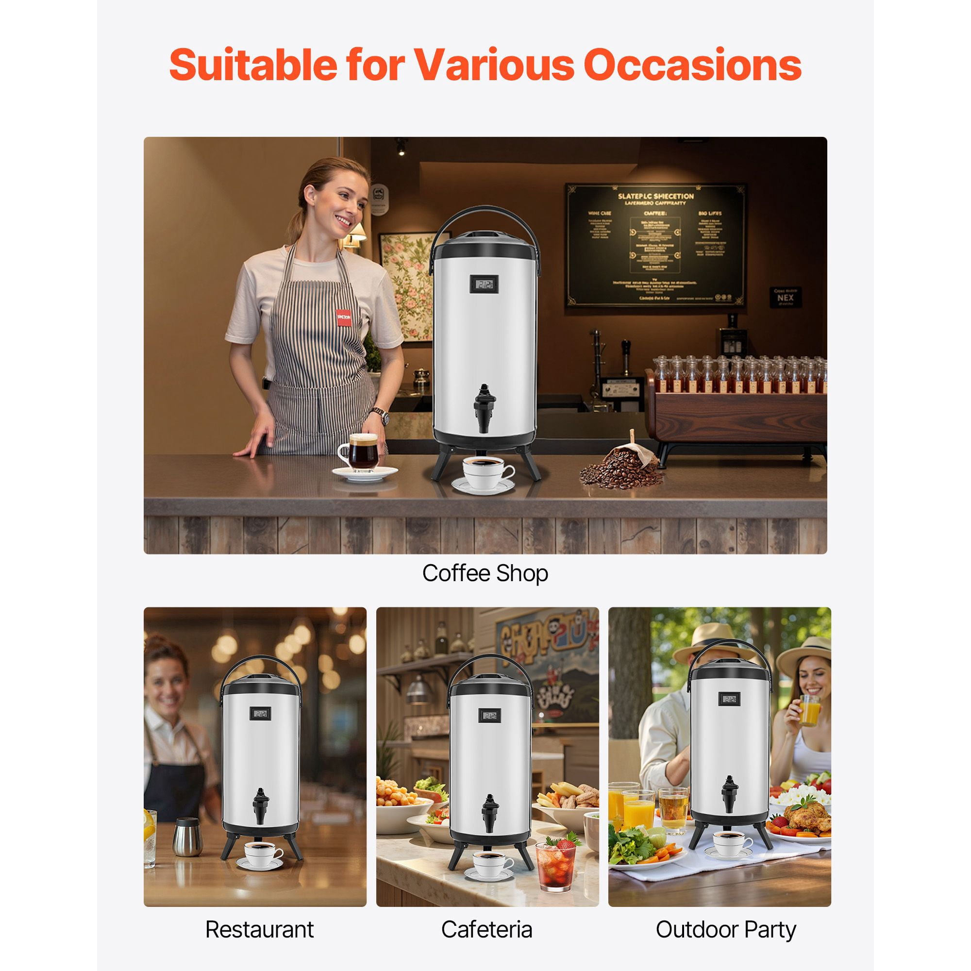 2.4 Gallon Insulated Beverage Dispenser with Temp Display, 304 Stainless Steel, Hot/Cold Insulation, Drip-Free Spigot for Cafes Restaurants