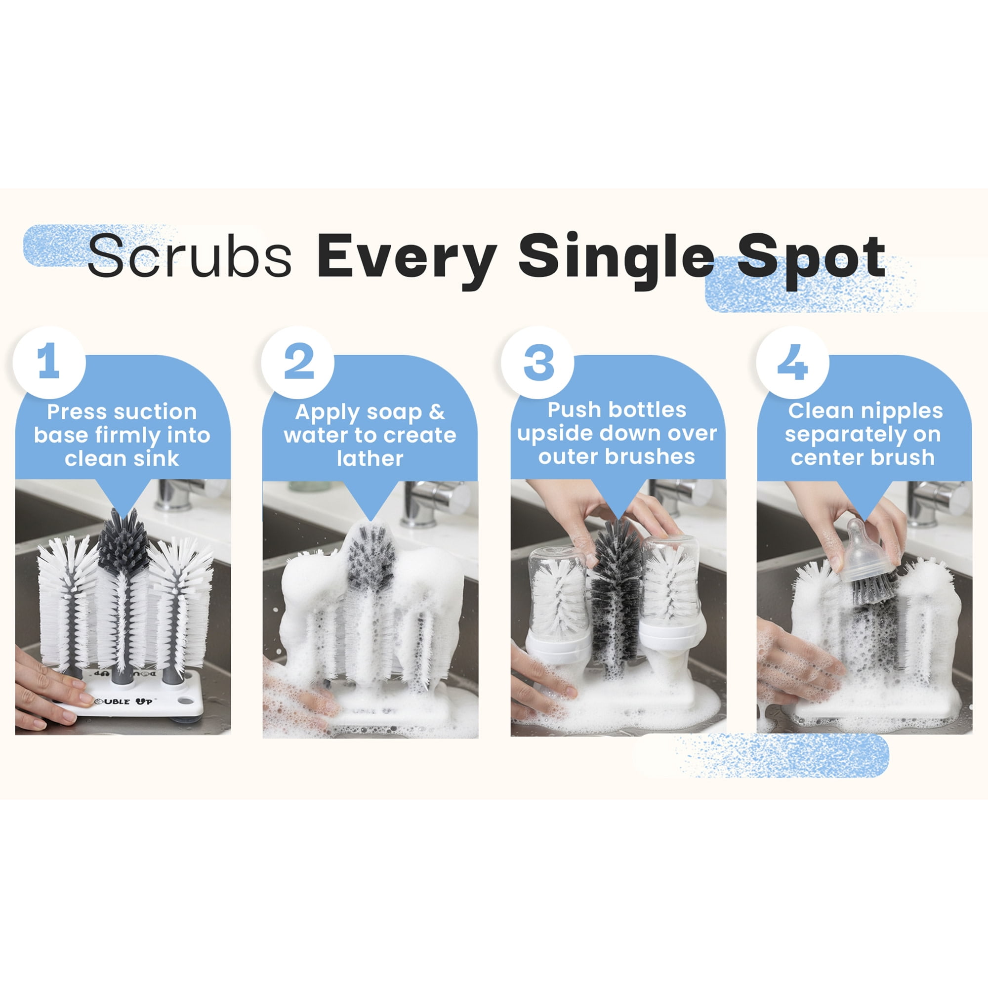 Double Up Bottle Brush - Clean 2 Baby Bottles At Once, Dense Washing Bristles, Suction Base, Nipple Scrub, Dishwasher Safe, Newborn Feeding Essential