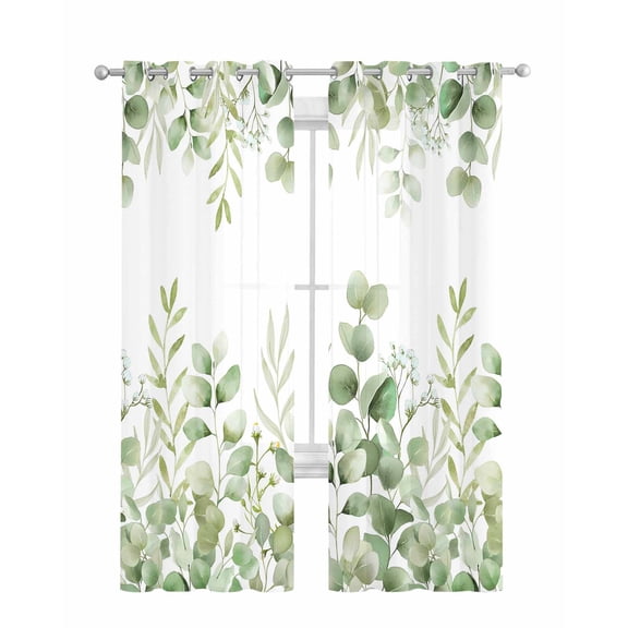 Light Green Eucalyptus Leaves Sheer Curtains 84 Inch Length 2 Panels Set for Living Room/Bedroom, Watercolor Spring Summer Botanical Kitchen Curtains Grommet Curtains Window Treatments 52"x84"x2