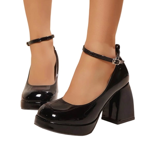 CSStudio Women's Glossy Mary Jane Platform Block Heels 9cm Ankle Strap Closed Toe Oktoberfest Party Women Dress Pumps