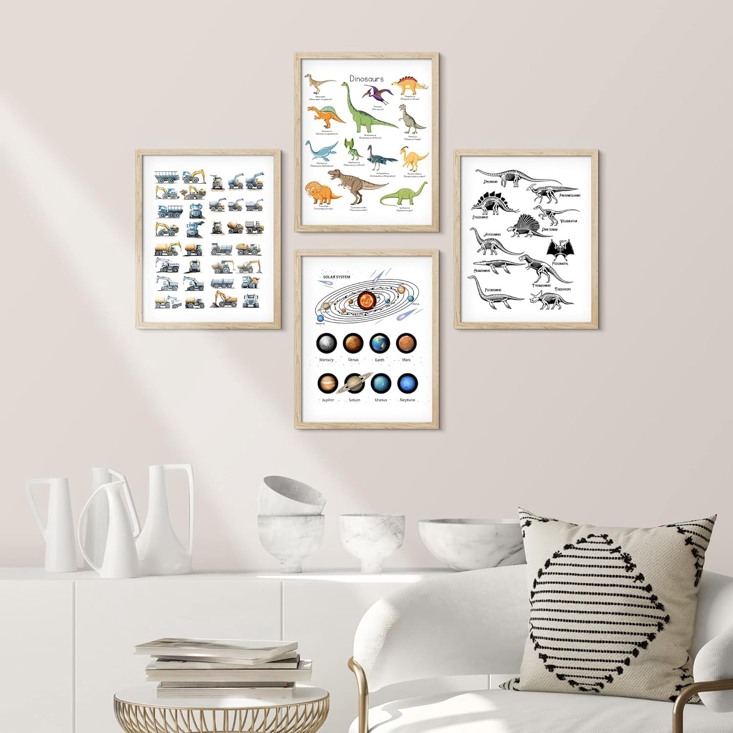 PixonSign Framed Wall Art, Dinosaur Planet Solar System Chart Posters, Adhesive Canvas Prints, Set of 4 Boy's Bedroom Illustration Wall Decor, Contemporary Décor for Living Room - 12"x16" Natural