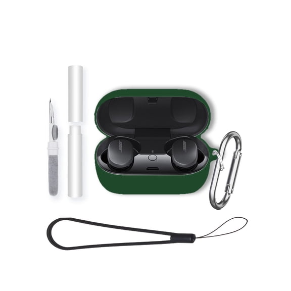 Soft Silicone Protective Case for Bose QC Earbuds,Shockproof & Anti-Scratch Cover with Keychain,Lanyard & Cleaning Kit,Anti-Lost & Dustproof Protector-Green