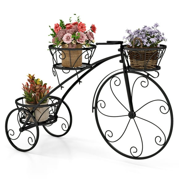 Gymax 3-Tier Bicycle Plant Stand w/ Hollowed Baskets Metal Flower Pot Cart Holder Black