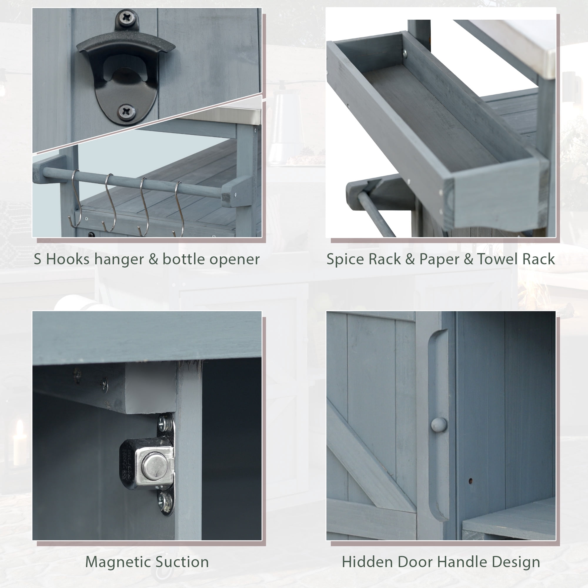 Outdoor Kitchen Island with Stainless Steel Top and Locking Wheels, Rolling Bar Cart and Grill Table with Spice Rack for BBQ and Patio, Grey Blue