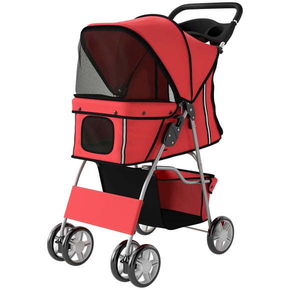 Foldable Pet Stroller for Small Dogs and Cats, Red Steel Frame Pet Pram with 360° Swivel Wheels, Panoramic Mesh Windows and Reflective Strips, 22 lbs Capacity for Outdoor Travel