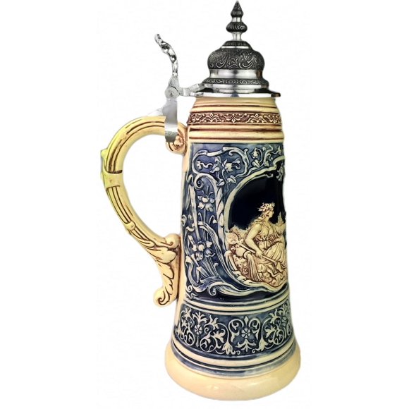 Chope de Bière Allemande 1,5 Litre, Édition Limitée 2021 Père Rhine et Mère Mosel Stein (Berne d'Angle Allemande), cobalt, Non Peinte, Couvercle en Étain