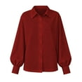 thumbnail image 4 of Lenpel Button down Shirts for Women Lantern Long Sleeve Pleated Curved Hem Collared Blouses Business Casual Work Tops(Red,X-Large), 4 of 4