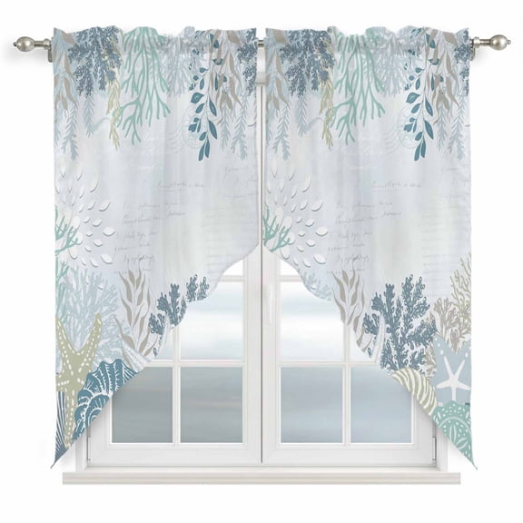 Summer Marine Life Swag Valances for Windows 2 Pack Ocean Corals Coastal Starfish Sand Dollar Swag Kitchen Curtains 63 Inches Long Rod Pocket Short Window Treatment for Kitchen Bathroom 36"x63"