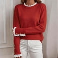 thumbnail image 4 of Dpjklzsn Women's Lace Trim Ribbed Sweater, Long Sleeve Crewneck Knit Top with Decorative Cuff Buttons, 4 of 8