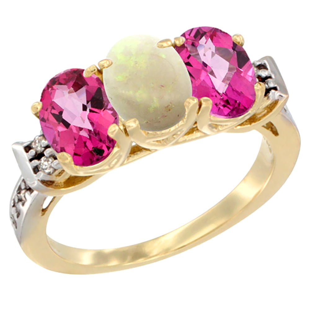 10K Yellow Gold Natural Opal & Pink Topaz Sides Ring 3-Stone Oval 7x5 mm Diamond Accent, sizes 5 10 by WorldJewels