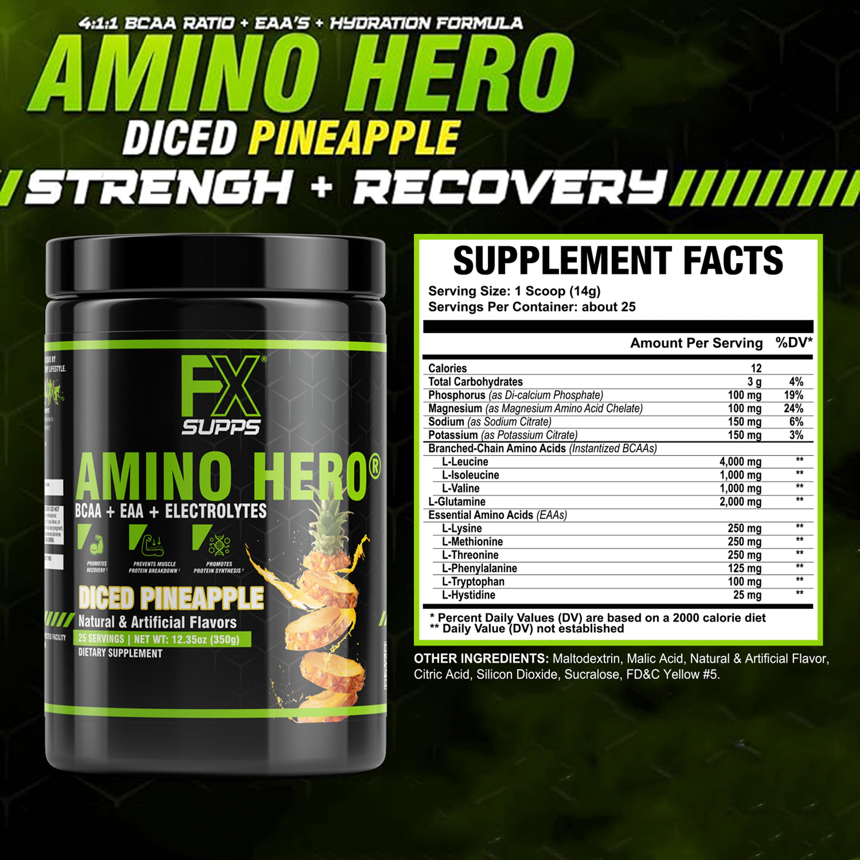 FX Supps Amino Hero BCAA Amino Acids Intra-Workout Powder, Diced Pineapple, 25 Servings