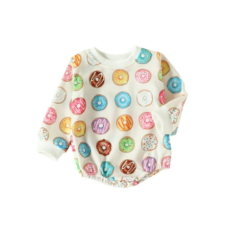 

Peyakidsaa Toddler Baby Girls Casual Romper Long Sleeve O Neck Cartoon Donut Print Romper