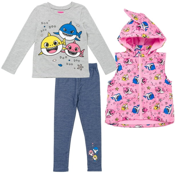 Pinkfong Baby Shark Infant Baby Girls Zip Up Fleece Vest TShirt and Pants 3 Piece Outfit Set