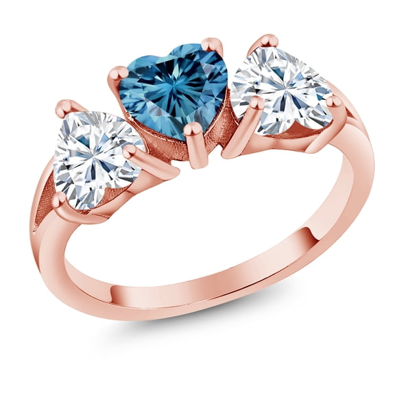 Gem Stone King 18K Rose Gold Plated Silver 3-Stone Ring Heart Shape Persian Blue and White Moissanite (2.40 Cttw, Size 9)