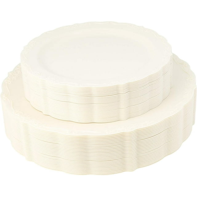 Posh Setting Disposable Plastic Plates Set - Heavy Duty Vintage Plastic Plates - Ivory Vintage Disposable Dinnerware Sets with 30 Appetizer Plates & 30 Plastic Dinner Plates for Wedding (60 Pack)