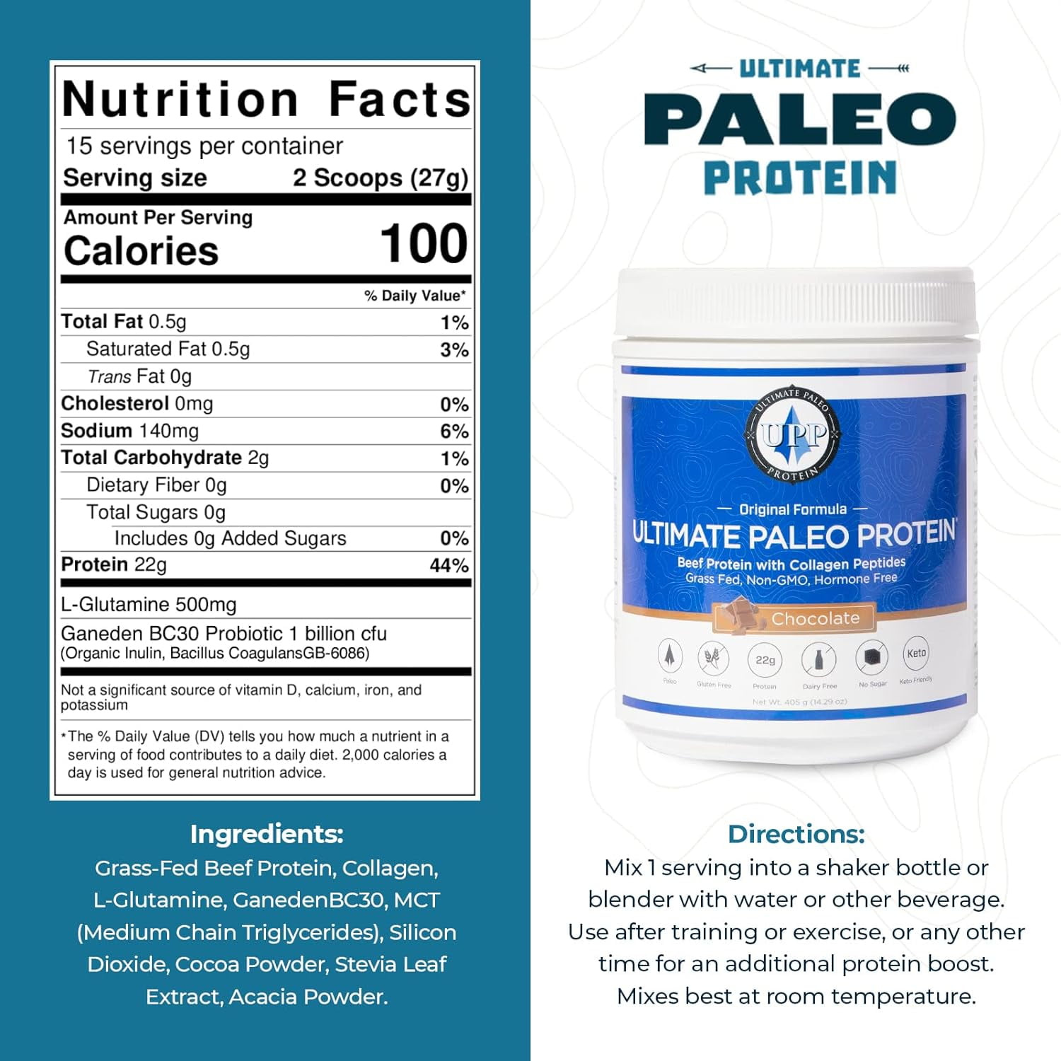Ultimate Paleo Protein Powder | Premium Grass Fed Beef Protein with Collagen Peptides | Paleo Friendly, Gluten Free, Keto Friendly, No Artificial Sweeteners or Preservatives - Chocolate, 15 Servings