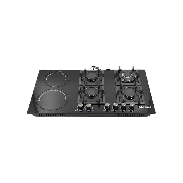 Parrilla Híbrida Maxims GC9007GB, 6 Quemadores Gas/Eléctrica, Empotrable, Vidrio Templado, Perillas de Metal, Parrillas de Hierro Fundido, Encendido Eléctrico, 127V