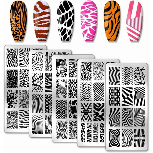 5 placas para estampar uñas con textura animal, de acero inoxidable, para decoración de uñas. Plantillas fotográficas para uñas.