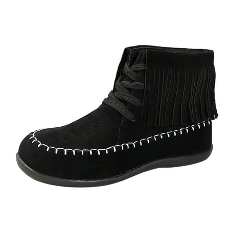 

Womens Buckle Strap Ankle Booties Ladies Fashion Retro Solid Suede Tassel Decoration Lace Up Flat Bottom Short Boots