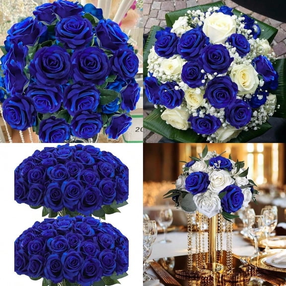 50pcs Artificial Roses Flowers in BulkRealistic Silk Fake Rose with Long Stem for Wedding Centerpieces Bouquet Party Floral Arrangement Home Decoration Royal Blue