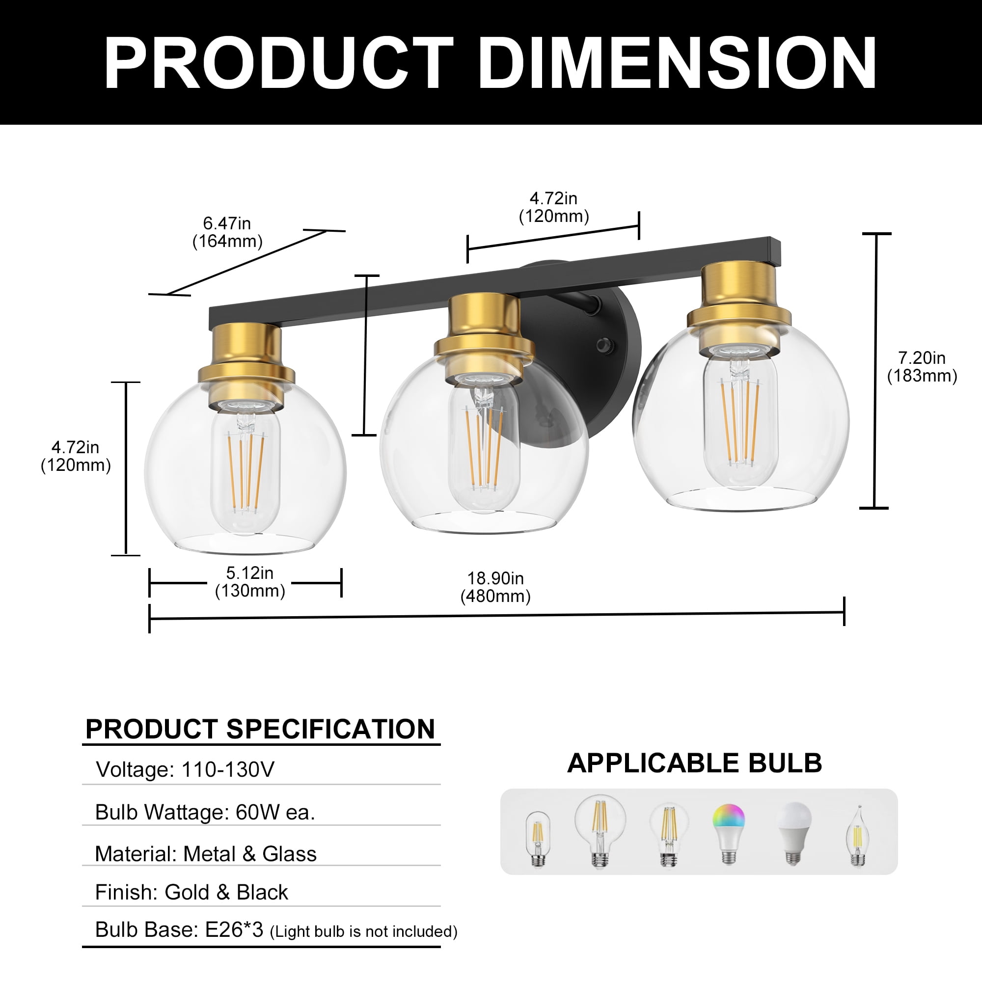 YANSUN 18.9 in 3-Light Black and Gold Bathroom Vanity Light, LED Interior Powder Room Lighting with Clear Globe Shades, for Bathroom, Powder Room, Vanity Table