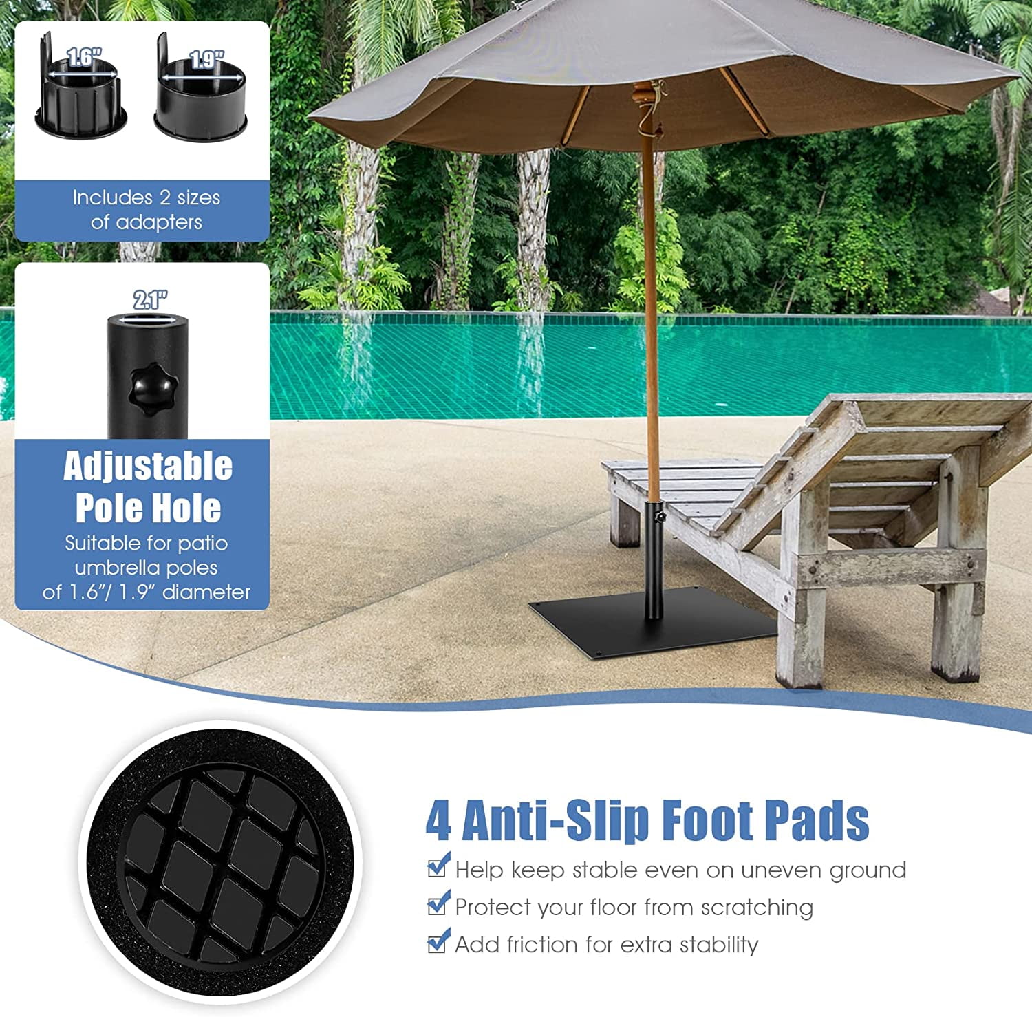 WBTER 42 LBS Patio Umbrella Base, 25 Inches Heavy Duty Square Market Umbrella Base Stand W/4 Non-Slip Pads, 1.6”/1.9” Adapters, Tightening Knob, Outdoor Umbrella Stand for Patio, Poolside