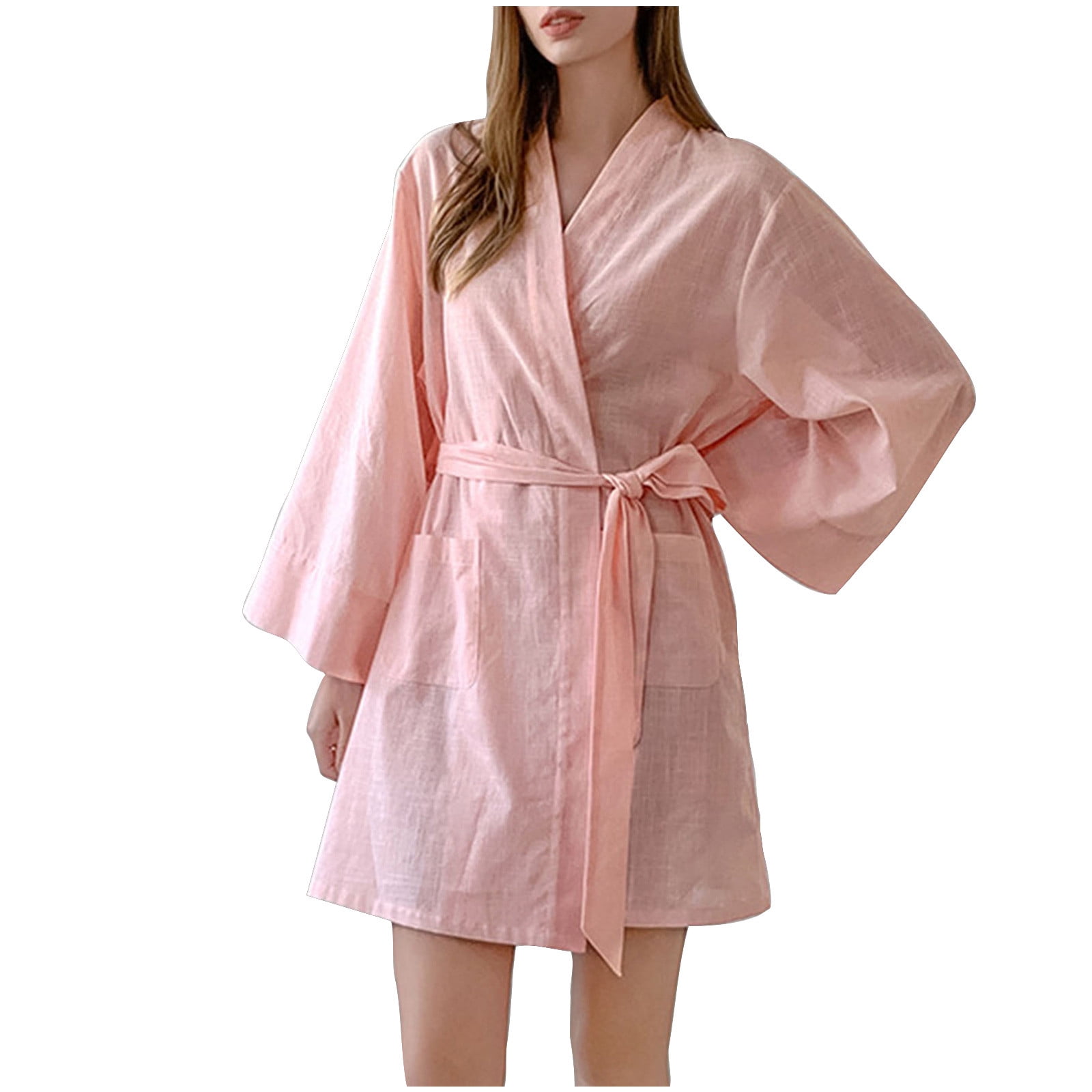 Robes for Women Solid Color Long Sleeve Pajama Bathrobe Belted Casual Lightweight Short Loungewear with Pocket