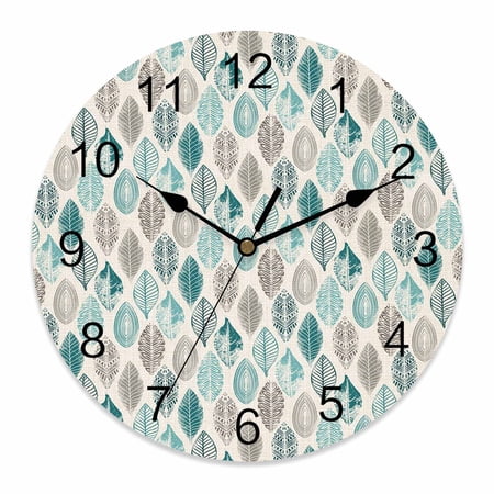 14 Inch Leaves Specimens Wall Clock, Teal Green Grey Burlap Background Battery Operated Silent Non Ticking Clocks, Easy to Read Round Wall Clock for Kitchen/Living Room/Bedroom/Bathroom