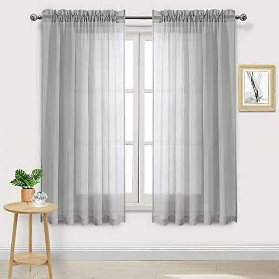 DWCN Grey Sheer Curtains Semi Transparent Voile Rod Pocket Curtains for Bedroom and Living Room, 60 x 63 inches Long, Set of 2 Panels
