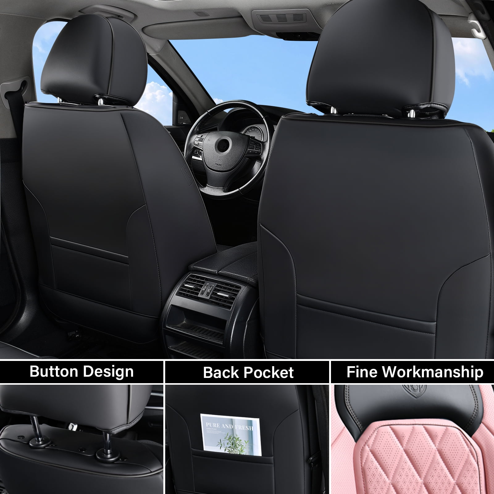 Coverado Front Car Seat Covers, Waterproof Premium Leather Seat Cushions, 6 Pieces Auto Interior Protectors Universal Fit Most Cars, Suvs, Pickup Trucks, Black&Pink