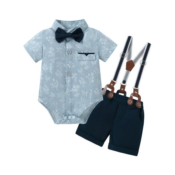 CARETOO Baby Boy Clothes Suit Floral Dress Shirt Shorts Suspender Pants Formal 95% Cotton 3pcs