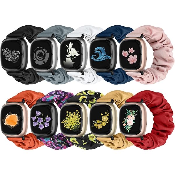wonima11 10 PCS Compatible with Fitbit Versa 4/Sense 2/Versa 3/Sense Scrunchie Band, Soft Cute Pattern Printed Fabric Elastic Solo Loop Cloth Scrunchy Replacement Wristband for Women
