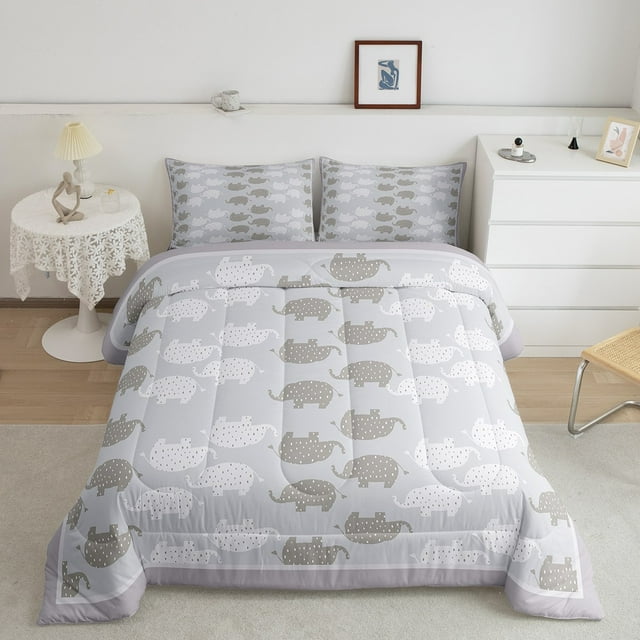 Erosebridal Cartoon Elephant Bedding Twin Comforter Set, Grey Down Comforter, Wildlife Animal Decor, 2pcs