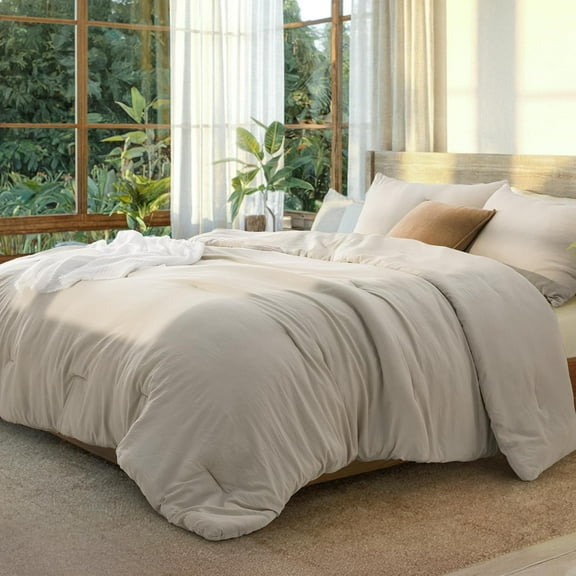 EnjinZZ Queen Size Comforter Set, Beige Soft Prewashed Bedding for All Seasons, 3 Pieces GentleSoft™ Warm Down Alternative Bed Set, 1 Lightweight Comforter (90"x90") and 2 Pillowcases (20"x26")