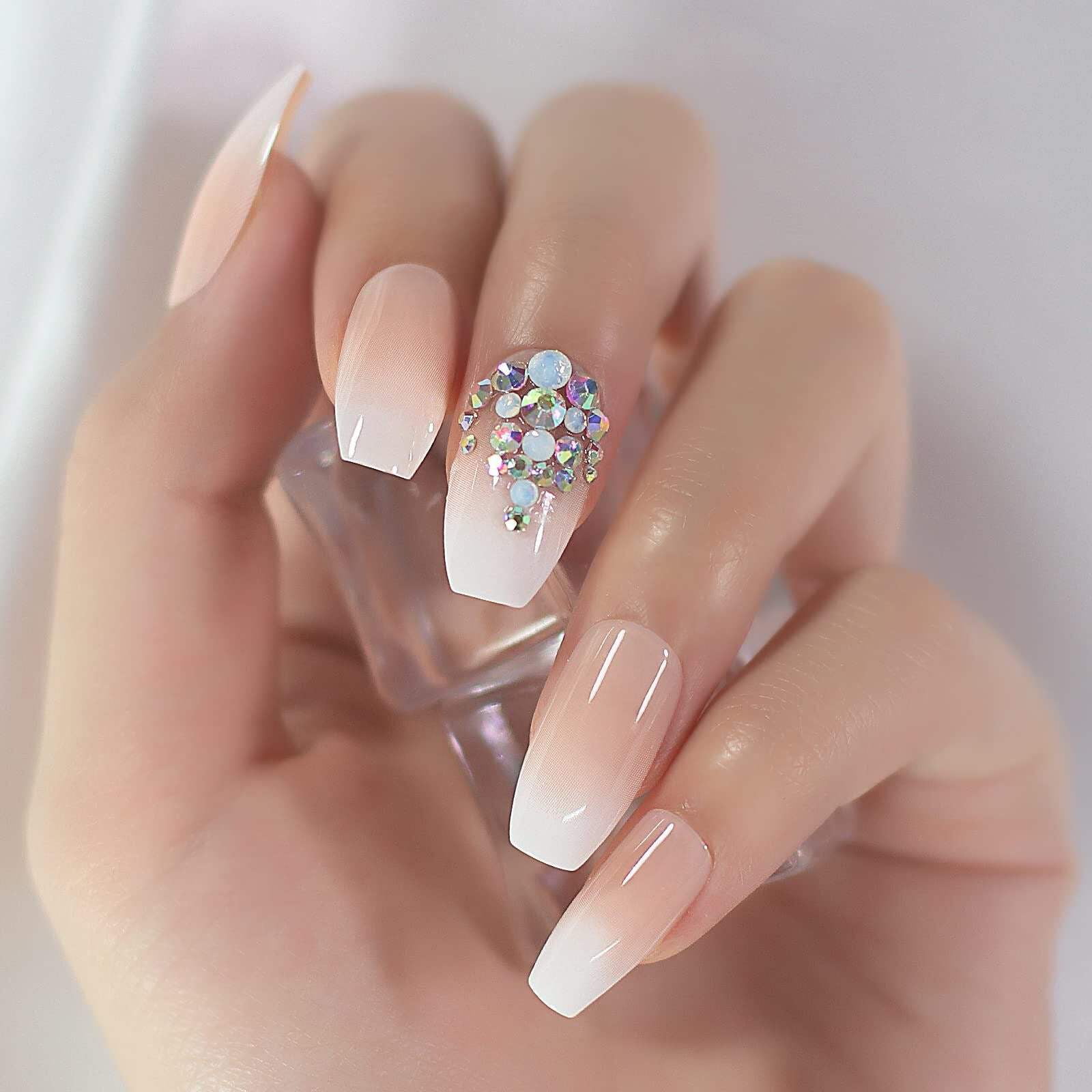Nude Ombre White French 3D Crystal Press On Nails, Long Coffin Rhinestones Fake Nails Set